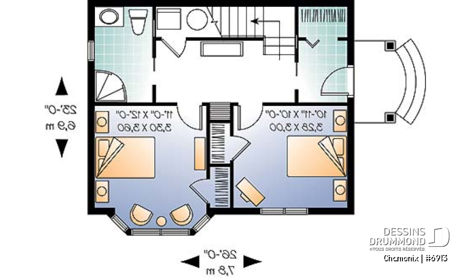 Rez-de-chaussée - Plan de chalet aux planchers inversés, cuisine et salon à l'étage, chambres au rez-de-chaussée, panoramique - Chamonix