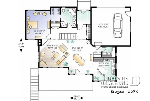 Rez-de-chaussée - Plan de grande maison ranch, s-sol rez-de-jardin, 1 à 4+ chambres,  2 salles familiales, beaucoup de rangement - Breguet