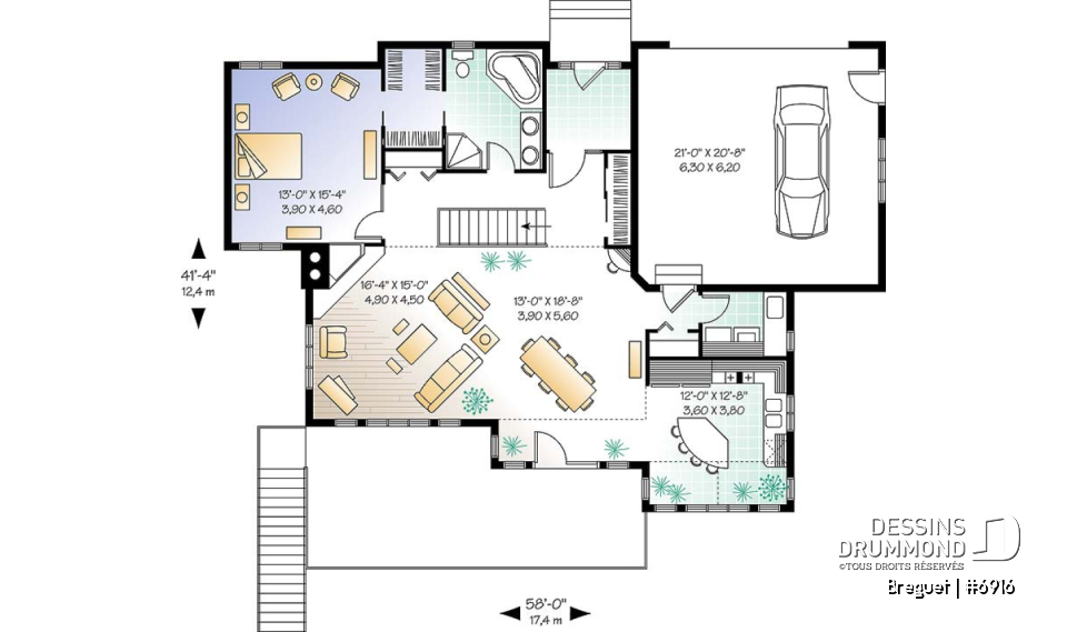 Rez-de-chaussée - Plan de grande maison ranch, s-sol rez-de-jardin, 1 à 4+ chambres,  2 salles familiales, beaucoup de rangement - Breguet