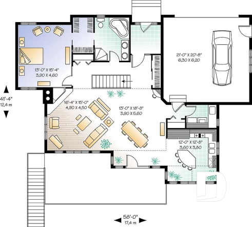 Rez-de-chaussée - Plan de grande maison ranch, s-sol rez-de-jardin, 1 à 4+ chambres,  2 salles familiales, beaucoup de rangement - Breguet