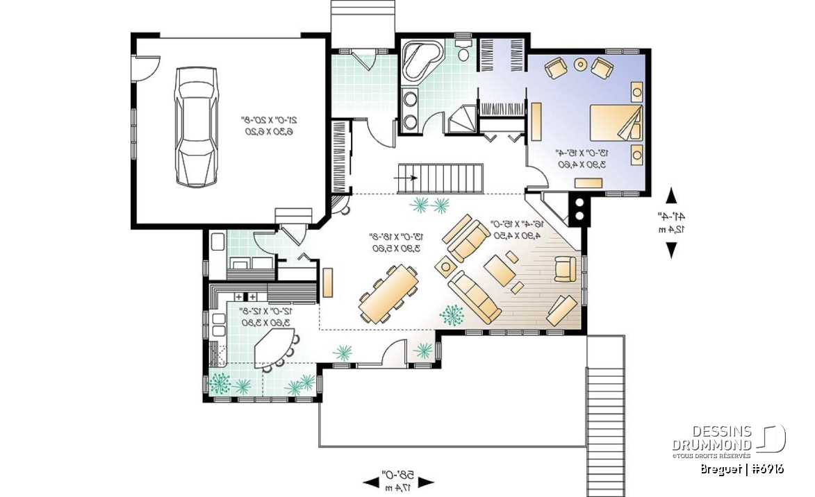 Rez-de-chaussée - Plan de grande maison ranch, s-sol rez-de-jardin, 1 à 4+ chambres,  2 salles familiales, beaucoup de rangement - Breguet