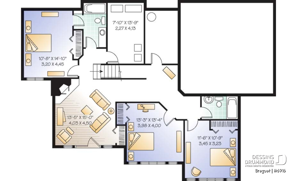 Sous-sol - Plan de grande maison ranch, s-sol rez-de-jardin, 1 à 4+ chambres,  2 salles familiales, beaucoup de rangement - Breguet
