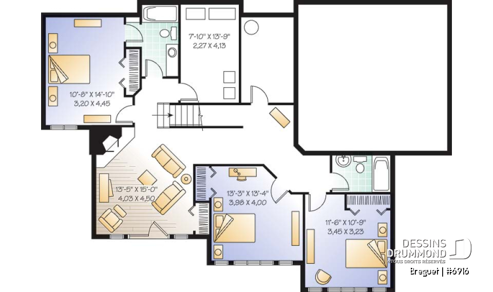 Sous-sol - Plan de grande maison ranch, s-sol rez-de-jardin, 1 à 4+ chambres,  2 salles familiales, beaucoup de rangement - Breguet
