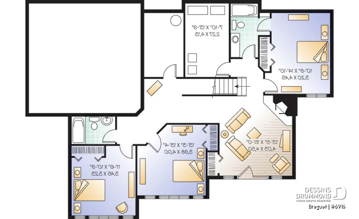 Sous-sol - Plan de grande maison ranch, s-sol rez-de-jardin, 1 à 4+ chambres,  2 salles familiales, beaucoup de rangement - Breguet