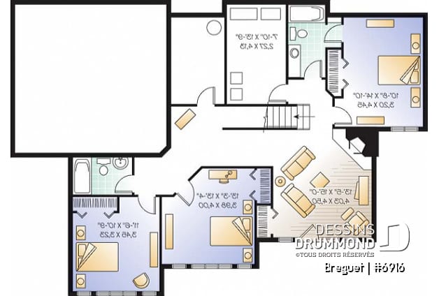 Sous-sol - Plan de grande maison ranch, s-sol rez-de-jardin, 1 à 4+ chambres,  2 salles familiales, beaucoup de rangement - Breguet
