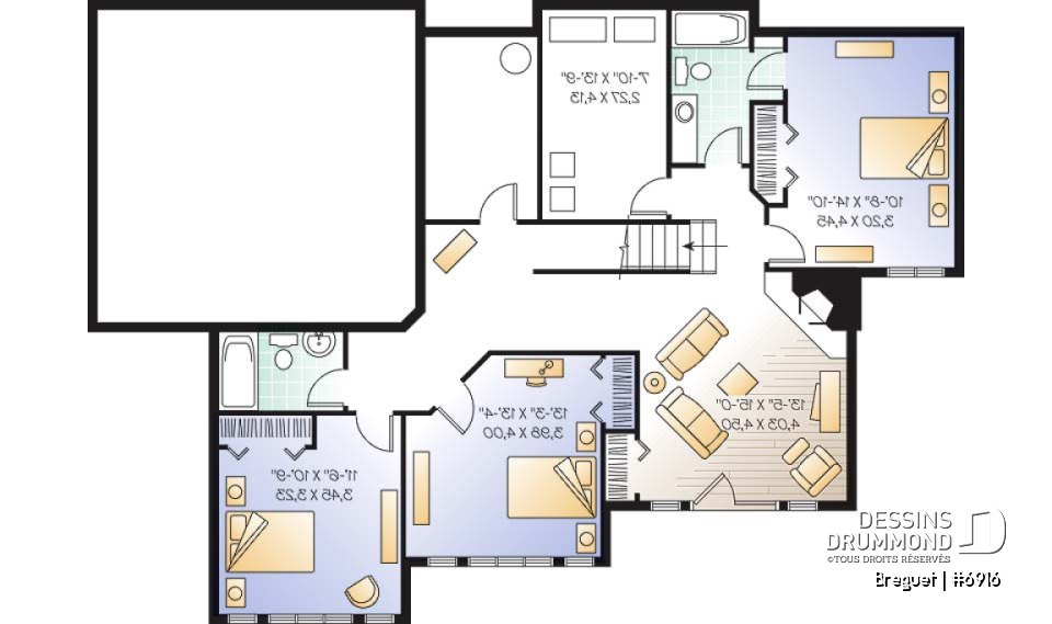 Sous-sol - Plan de grande maison ranch, s-sol rez-de-jardin, 1 à 4+ chambres,  2 salles familiales, beaucoup de rangement - Breguet
