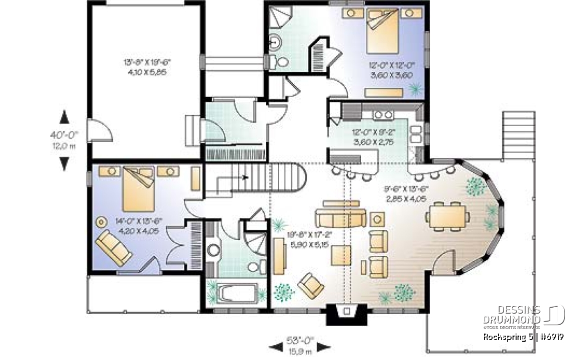 Rez-de-chaussée - Plan de maison style chalet panoramique, 2 à 4 chambres selon finition du sous-sol, plafond cathédral, foyer - Rockspring 5