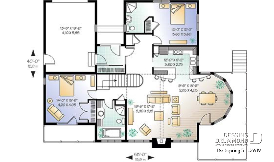 Rez-de-chaussée - Plan de maison style chalet panoramique, 2 à 4 chambres selon finition du sous-sol, plafond cathédral, foyer - Rockspring 5