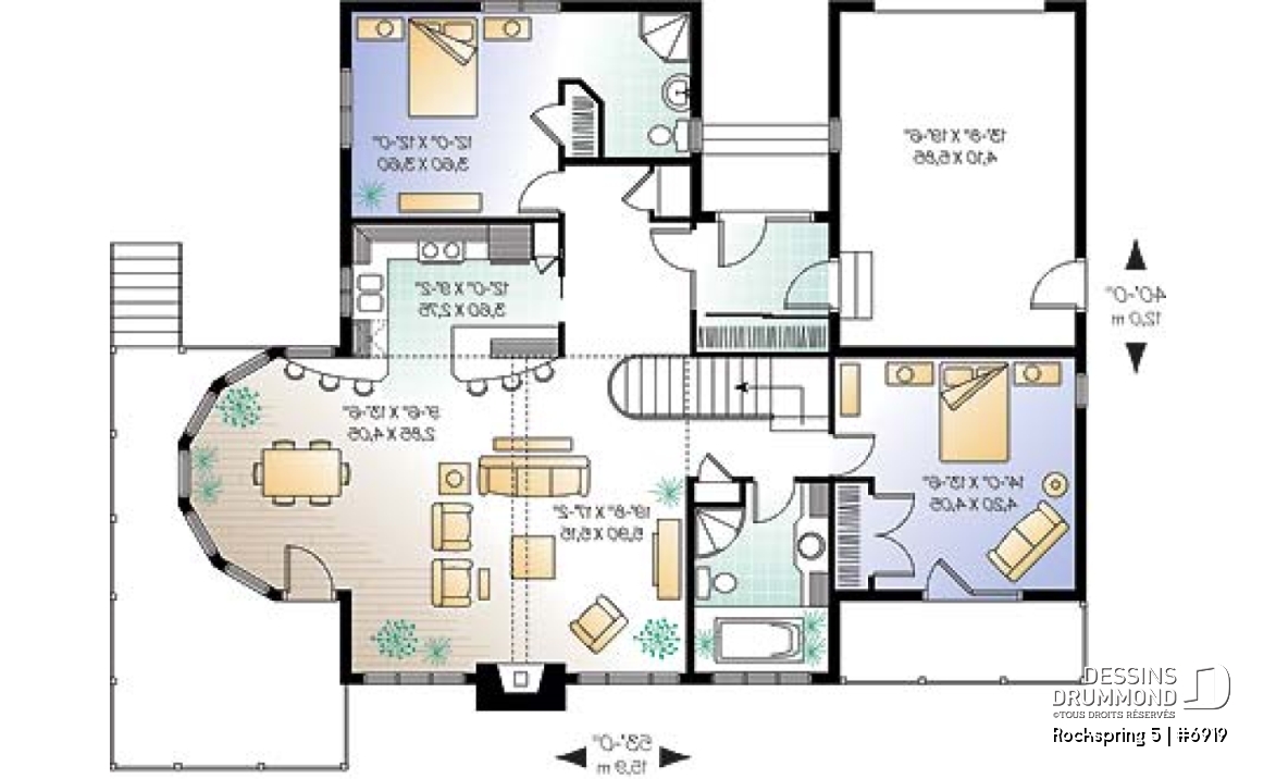 Rez-de-chaussée - Plan de maison style chalet panoramique, 2 à 4 chambres selon finition du sous-sol, plafond cathédral, foyer - Rockspring 5