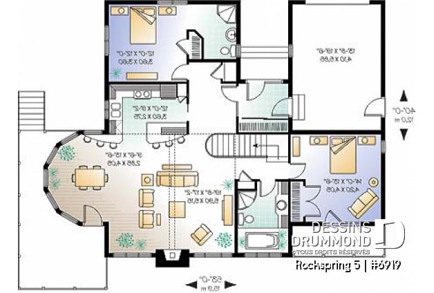 Rez-de-chaussée - Plan de maison style chalet panoramique, 2 à 4 chambres selon finition du sous-sol, plafond cathédral, foyer - Rockspring 5