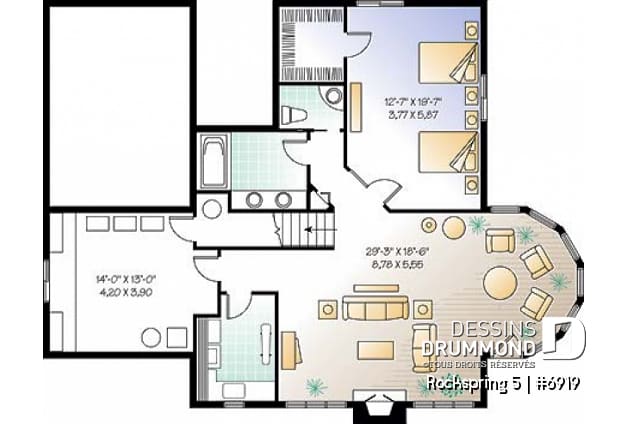 Sous-sol - Plan de maison style chalet panoramique, 2 à 4 chambres selon finition du sous-sol, plafond cathédral, foyer - Rockspring 5