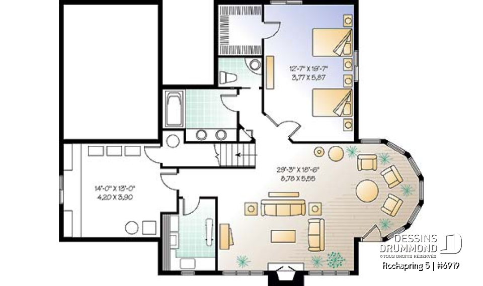 Sous-sol - Plan de maison style chalet panoramique, 2 à 4 chambres selon finition du sous-sol, plafond cathédral, foyer - Rockspring 5
