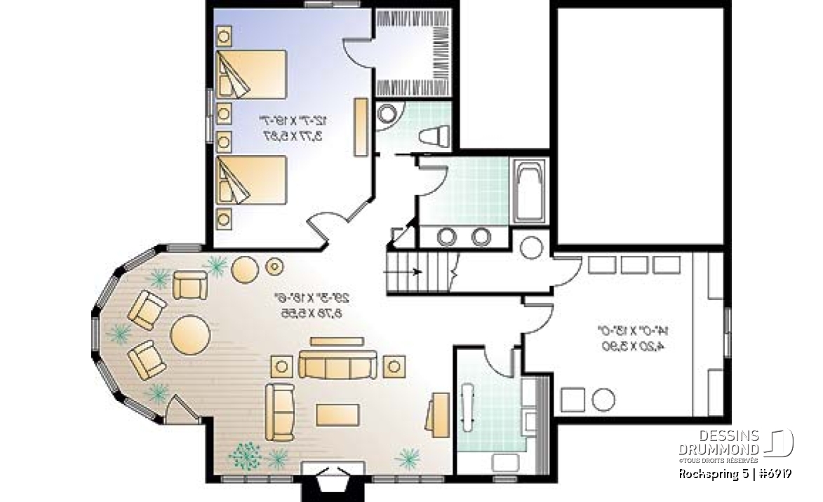 Sous-sol - Plan de maison style chalet panoramique, 2 à 4 chambres selon finition du sous-sol, plafond cathédral, foyer - Rockspring 5