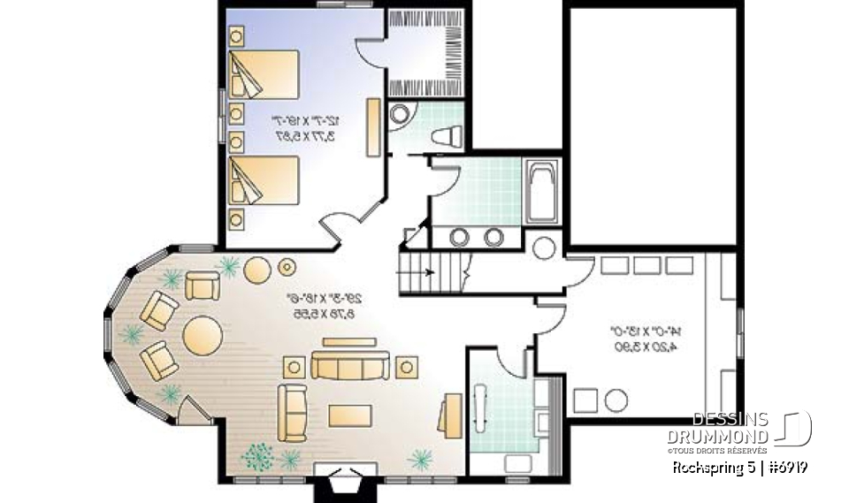 Sous-sol - Plan de maison style chalet panoramique, 2 à 4 chambres selon finition du sous-sol, plafond cathédral, foyer - Rockspring 5