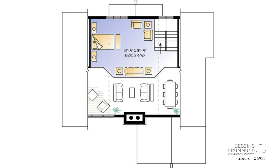Étage - Plan de chalet style rustic, 4 chambres, 2 salles familiales, foyer, loft à la mezzanine, abri moustiquaire - Kaspard