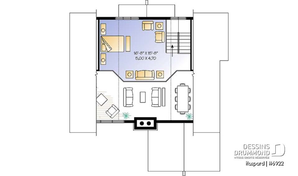 Étage - Plan de chalet style rustic, 4 chambres, 2 salles familiales, foyer, loft à la mezzanine, abri moustiquaire - Kaspard