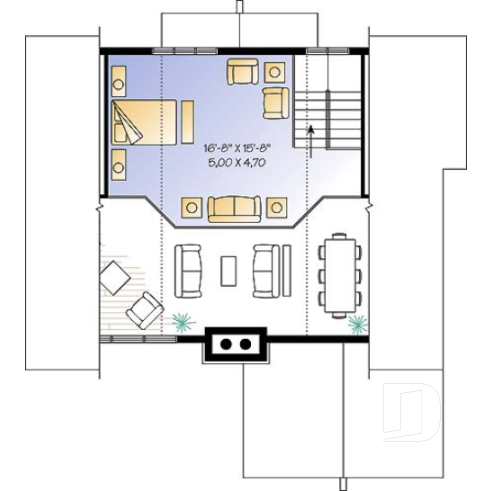 Étage - Plan de chalet style rustic, 4 chambres, 2 salles familiales, foyer, loft à la mezzanine, abri moustiquaire - Kaspard