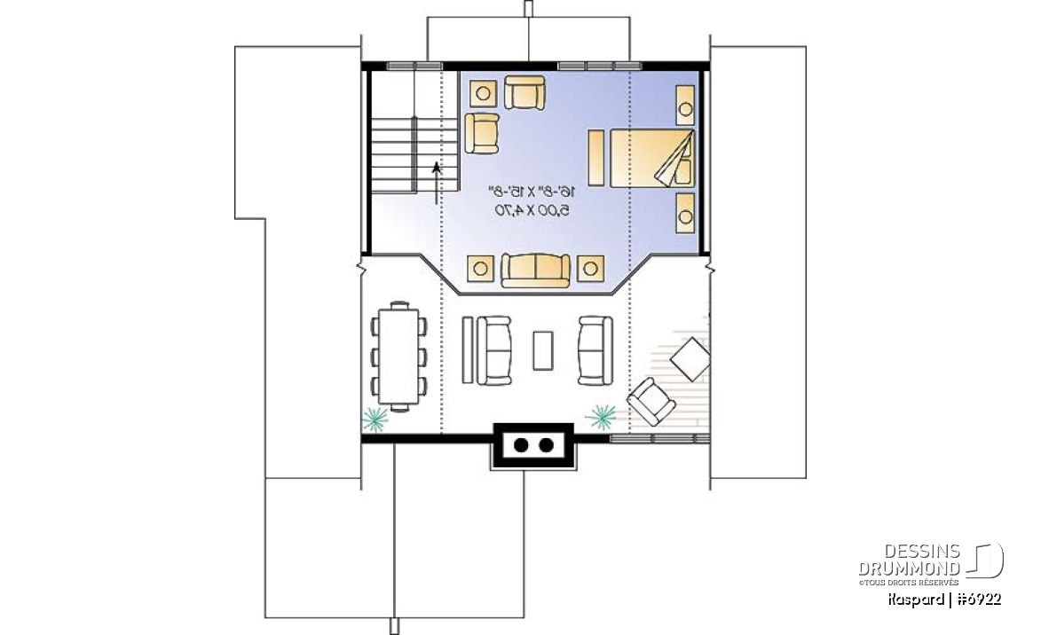 Étage - Plan de chalet style rustic, 4 chambres, 2 salles familiales, foyer, loft à la mezzanine, abri moustiquaire - Kaspard