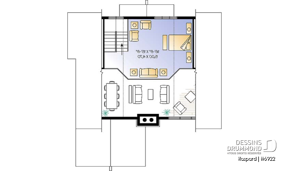 Étage - Plan de chalet style rustic, 4 chambres, 2 salles familiales, foyer, loft à la mezzanine, abri moustiquaire - Kaspard