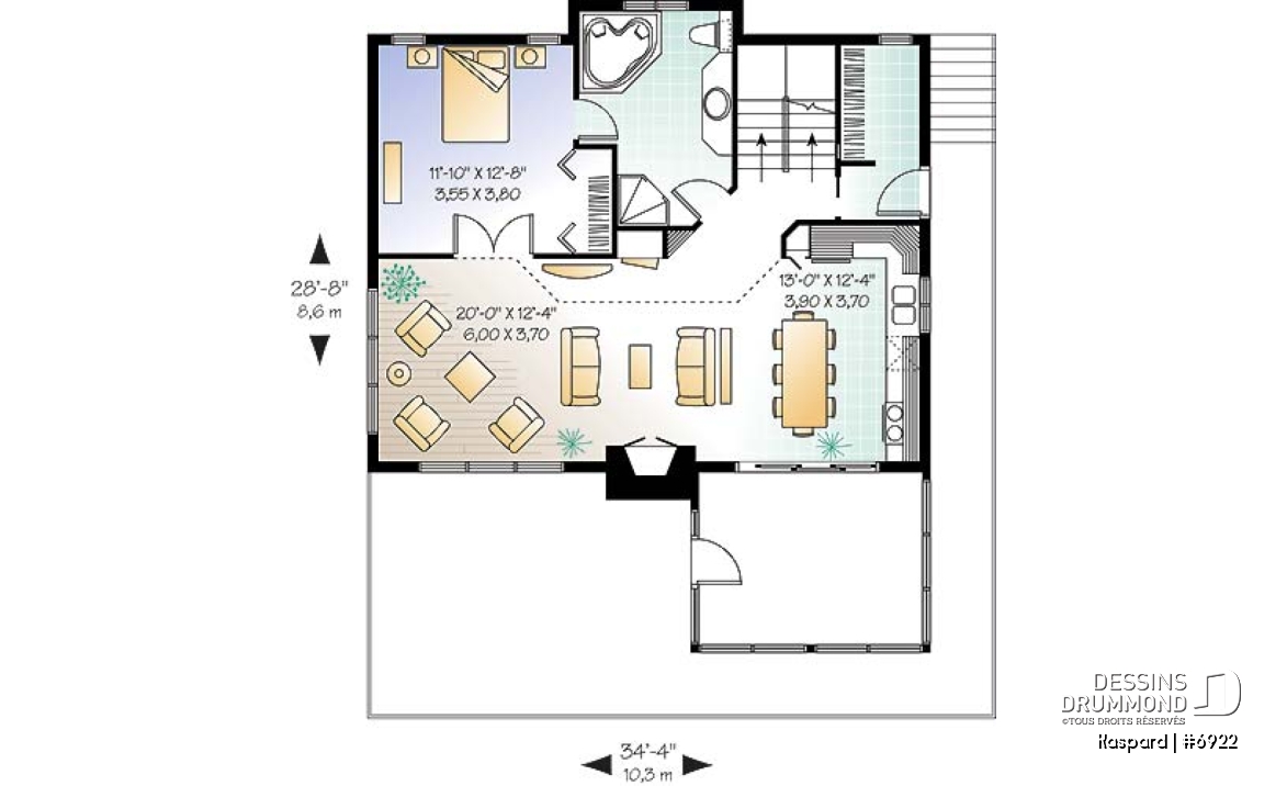 Rez-de-chaussée - Plan de chalet style rustic, 4 chambres, 2 salles familiales, foyer, loft à la mezzanine, abri moustiquaire - Kaspard