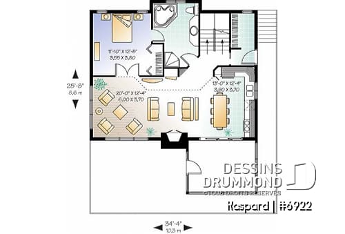 Rez-de-chaussée - Plan de chalet style rustic, 4 chambres, 2 salles familiales, foyer, loft à la mezzanine, abri moustiquaire - Kaspard