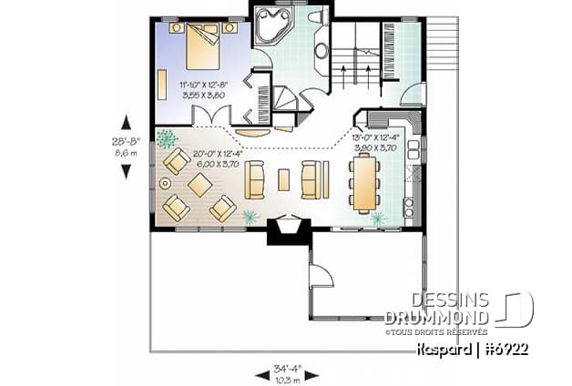 Rez-de-chaussée - Plan de chalet style rustic, 4 chambres, 2 salles familiales, foyer, loft à la mezzanine, abri moustiquaire - Kaspard