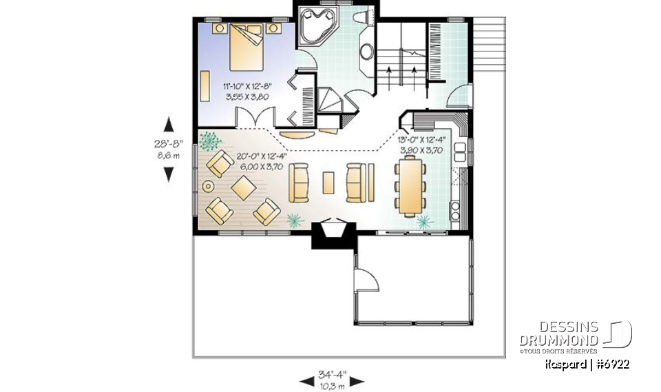Rez-de-chaussée - Plan de chalet style rustic, 4 chambres, 2 salles familiales, foyer, loft à la mezzanine, abri moustiquaire - Kaspard