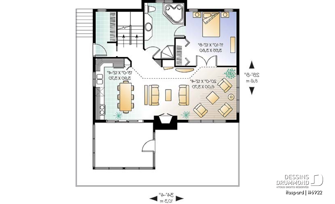 Rez-de-chaussée - Plan de chalet style rustic, 4 chambres, 2 salles familiales, foyer, loft à la mezzanine, abri moustiquaire - Kaspard