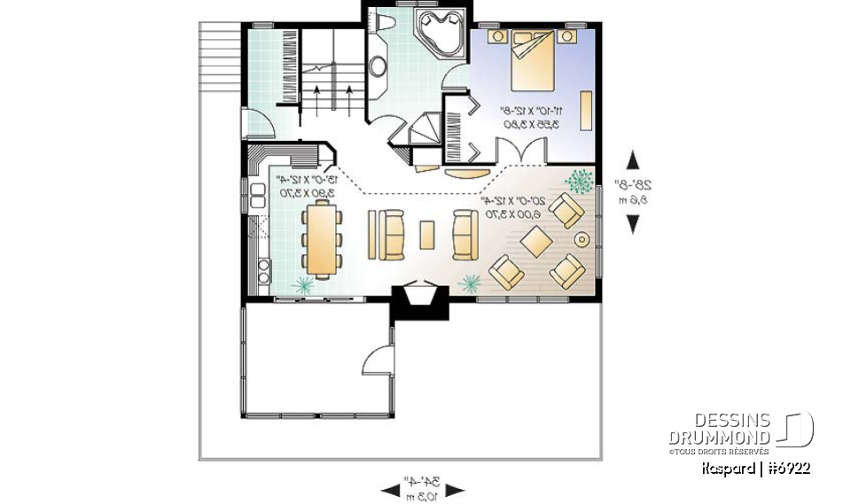 Rez-de-chaussée - Plan de chalet style rustic, 4 chambres, 2 salles familiales, foyer, loft à la mezzanine, abri moustiquaire - Kaspard
