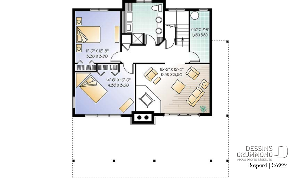 Sous-sol - Plan de chalet style rustic, 4 chambres, 2 salles familiales, foyer, loft à la mezzanine, abri moustiquaire - Kaspard