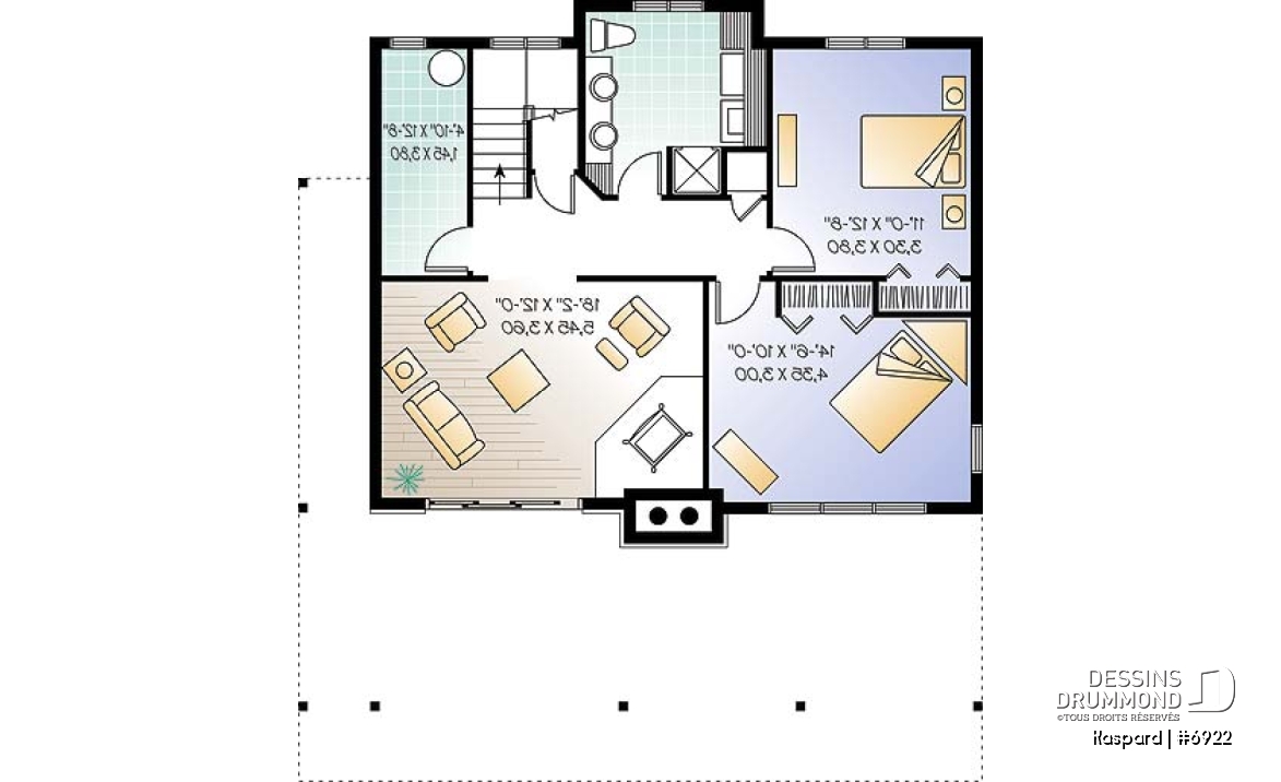 Sous-sol - Plan de chalet style rustic, 4 chambres, 2 salles familiales, foyer, loft à la mezzanine, abri moustiquaire - Kaspard