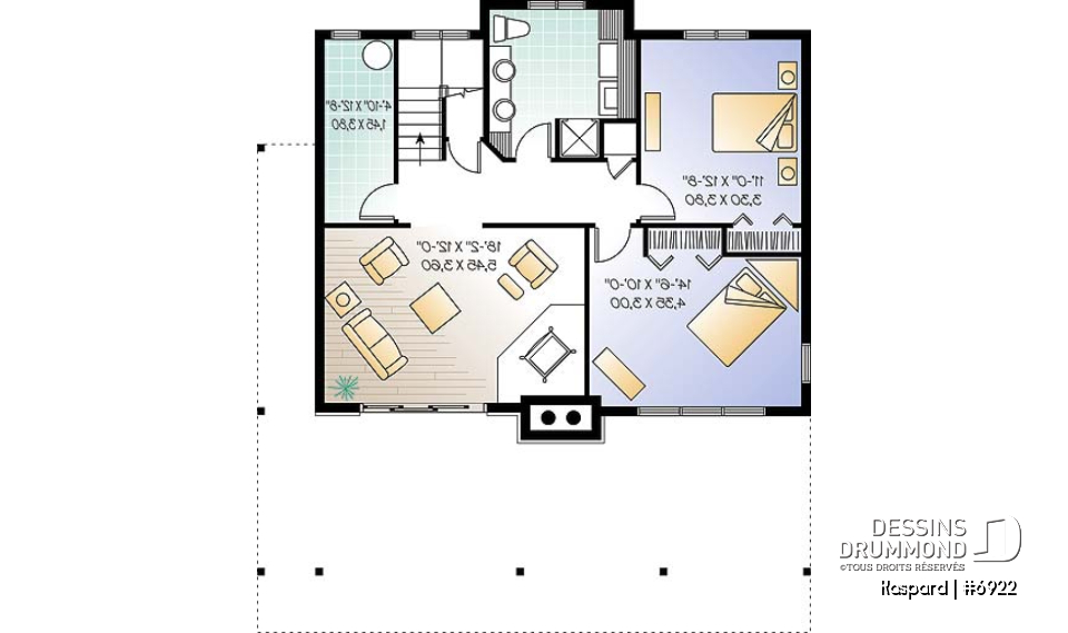 Sous-sol - Plan de chalet style rustic, 4 chambres, 2 salles familiales, foyer, loft à la mezzanine, abri moustiquaire - Kaspard