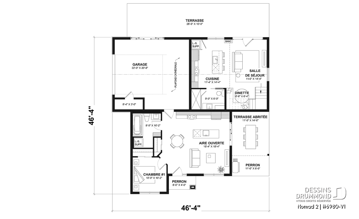 Rez-de-chaussée option 1 - Maison de style farmhouse avec garage VR attaché, et une option proposant un logement 2 chambres à étage - Nomad 2
