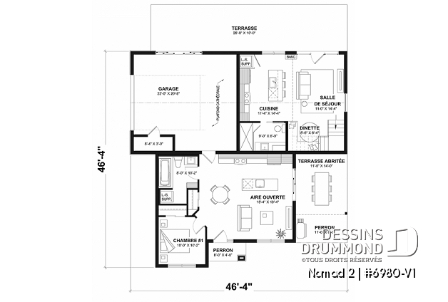Rez-de-chaussée option 1 - Maison de style farmhouse avec garage VR attaché, et une option proposant un logement 2 chambres à étage - Nomad 2