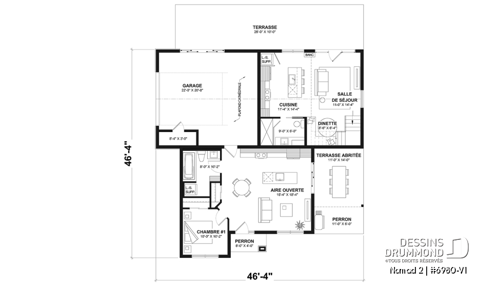 Rez-de-chaussée option 1 - Maison de style farmhouse avec garage VR attaché, et une option proposant un logement 2 chambres à étage - Nomad 2