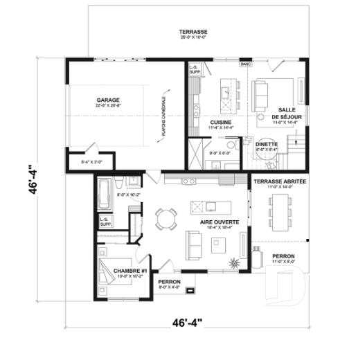 Rez-de-chaussée option 1 - Maison de style farmhouse avec garage VR attaché, et une option proposant un logement 2 chambres à étage - Nomad 2