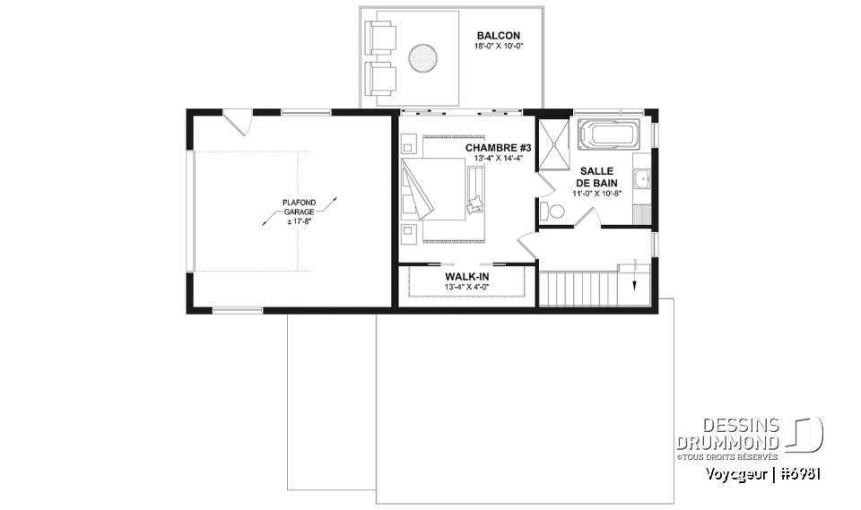 Étage option 1 - Plan flexible: mini-maison 1 chambre avec garage attaché pour VR OU maison 3 chambres, 3 sdb, avec garage - Voyageur