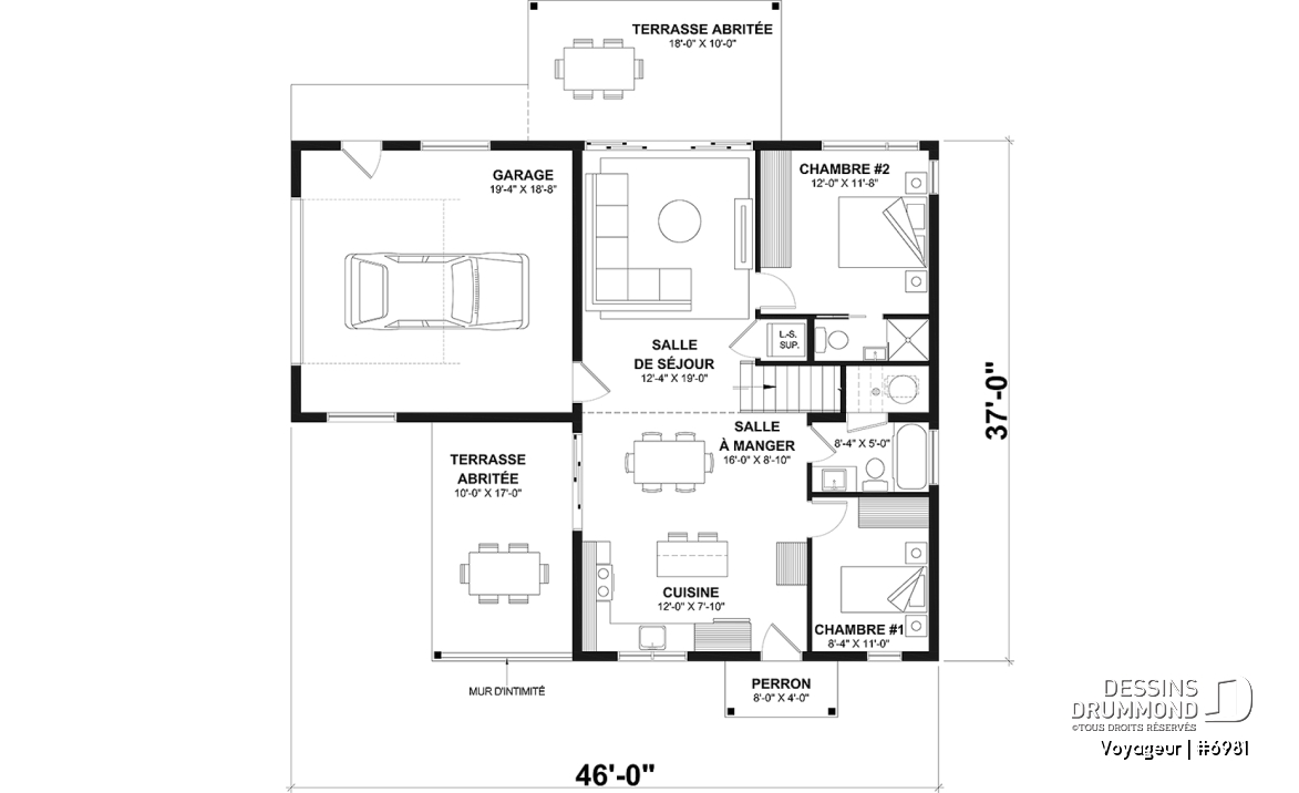 Rez-de-chaussée option 1 - Plan flexible: mini-maison 1 chambre avec garage attaché pour VR OU maison 3 chambres, 3 sdb, avec garage - Voyageur