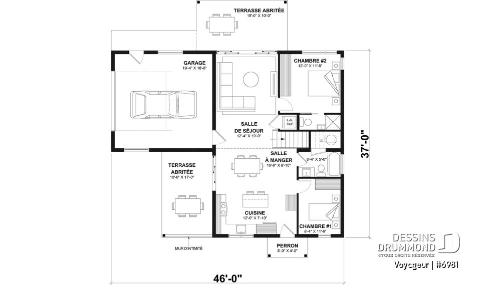 Rez-de-chaussée option 1 - Plan flexible: mini-maison 1 chambre avec garage attaché pour VR OU maison 3 chambres, 3 sdb, avec garage - Voyageur