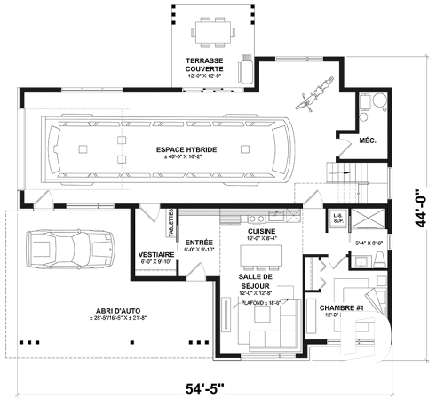 Rez-de-chaussée - Plan de maison moderne une chambre avec garage attaché pour VR et option garage simple et quatre chambre - Eskal
