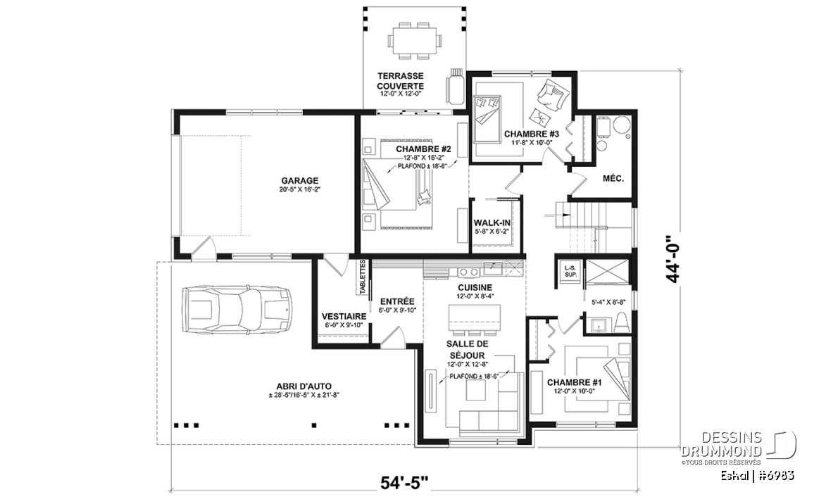 Rez-de-chaussée option 1 - Plan de maison moderne une chambre avec garage attaché pour VR et option garage simple et quatre chambre - Eskal