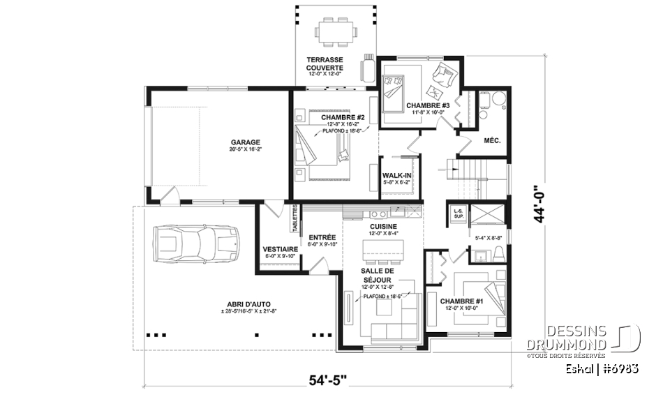 Rez-de-chaussée option 1 - Plan de maison moderne une chambre avec garage attaché pour VR et option garage simple et quatre chambre - Eskal
