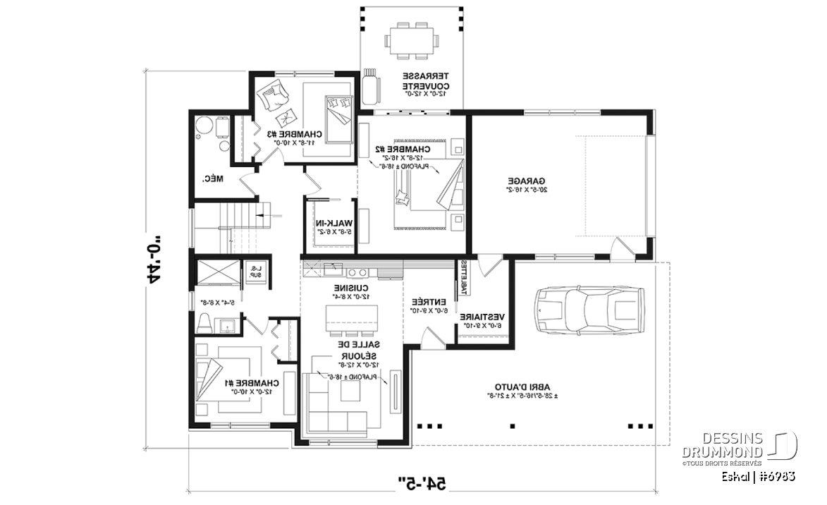 Rez-de-chaussée option 1 - Plan de maison moderne une chambre avec garage attaché pour VR et option garage simple et quatre chambre - Eskal