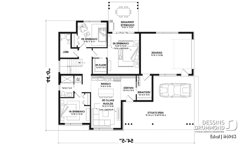 Rez-de-chaussée option 1 - Plan de maison moderne une chambre avec garage attaché pour VR et option garage simple et quatre chambre - Eskal