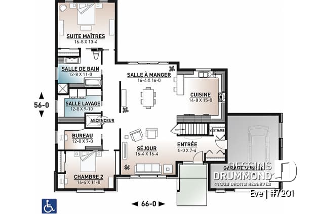 Rez-de-chaussée - Plan de maison avec ascenseur et entièrement adapté pour fauteuil roulant, 2 chambres, bureau, garage - Eve