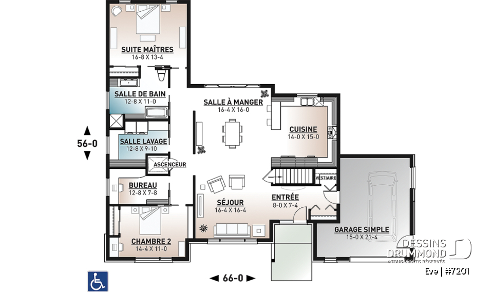 Rez-de-chaussée - Plan de maison avec ascenseur et entièrement adapté pour fauteuil roulant, 2 chambres, bureau, garage - Eve
