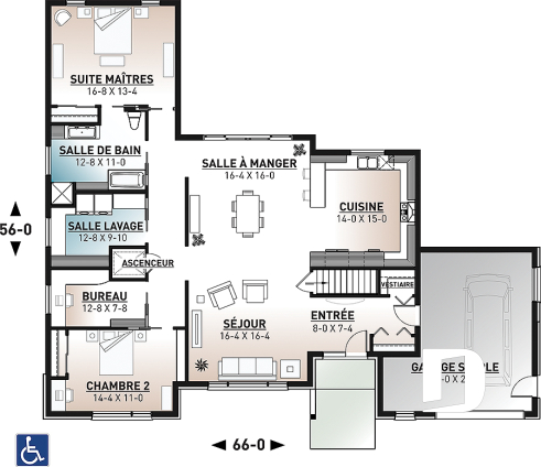 Rez-de-chaussée - Plan de maison avec ascenseur et entièrement adapté pour fauteuil roulant, 2 chambres, bureau, garage - Eve