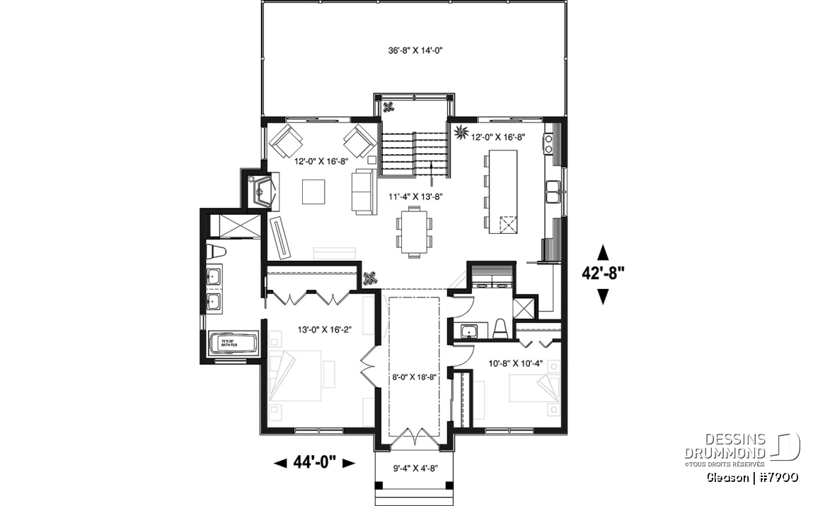 Rez-de-chaussée - Plan de chalet 4 chambres, superbe terrasses arrière, 3 salles de bain, 2 foyers, garde-manger, buanderie - Gleason