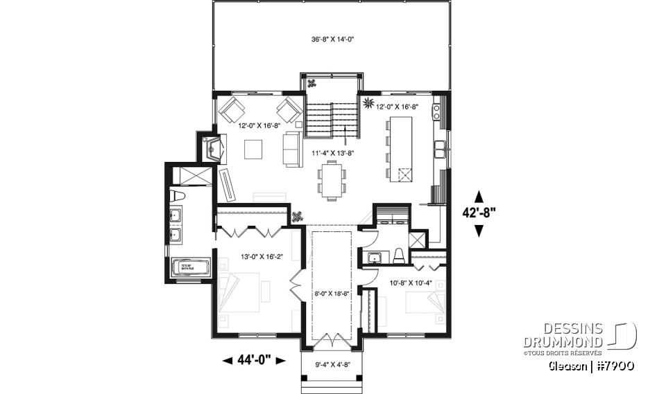 Rez-de-chaussée - Plan de chalet 4 chambres, superbe terrasses arrière, 3 salles de bain, 2 foyers, garde-manger, buanderie - Gleason
