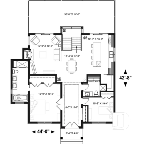 Rez-de-chaussée - Plan de chalet 4 chambres, superbe terrasses arrière, 3 salles de bain, 2 foyers, garde-manger, buanderie - Gleason